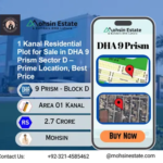 Buy a 1 Kanal residential plot in DHA 9 Prism Sector D Lahore. Perfect for investment or home building. Direct deal, prime location, and affordable price.