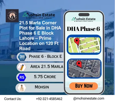 21.5 Marla Corner Plot for Sale in DHA Phase 6 E Block Lahore – Prime Location on 120 Ft Road