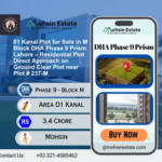 01 Kanal Plot for Sale in M Block DHA Phase 9 Prism Lahore – Residential Plot Direct Approach on Ground Clear Plot near Plot # 237-M