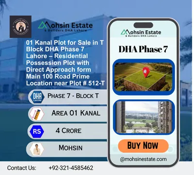 01 Kanal Plot for Sale in T Block DHA Phase 7 Lahore – Residential Possession Plot with Direct Approach form Main 100 Road Prime Location near Plot # 512-T