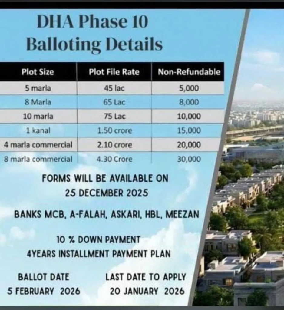 DHA Phase 10 Lahore balloting details and installment file prices 2025 – 5 marla, 10 marla, 1 kanal and commercial plots