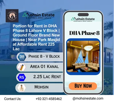 Portion for Rent in DHA Phase 8 Lahore V Block Ground Floor Brand New House Near Park Masjid at Affordable Rent 225 Lac