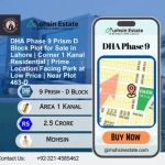DHA Phase 9 Prism D Block Plot for Sale in Lahore Corner 1 Kanal Residential Prime Location Facing Park at Low Price Near Plot 463-D