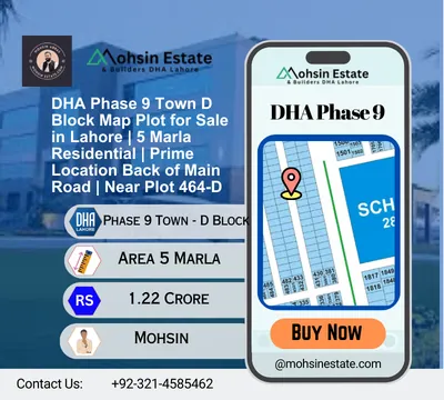 DHA Phase 9 Town D Block Map Plot for Sale in Lahore 5 Marla Residential Prime Location Back of Main Road Near Plot 464-D