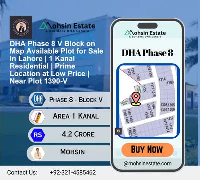 DHA Phase 8 V Block on Map Available Plot for Sale in Lahore 1 Kanal Residential Prime Location at Low Price Near Plot 1390-V